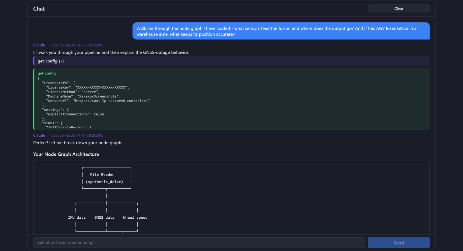 AI Monitor: Claude inspects the live node graph and explains the pipeline and its GNSS-dropout behavior
