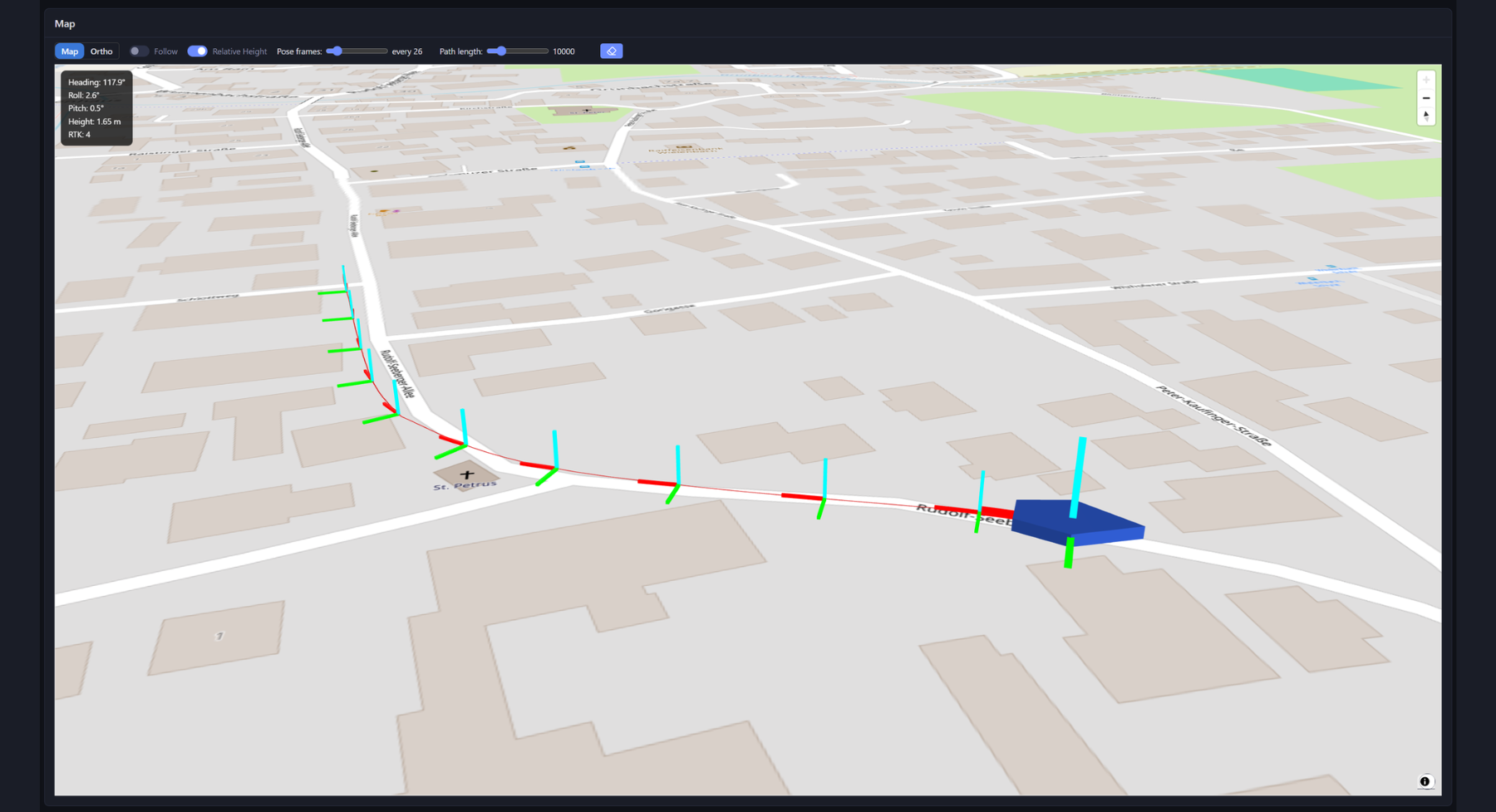Map view: the fused vehicle as a 3-D marker with its track, heading and RTK status